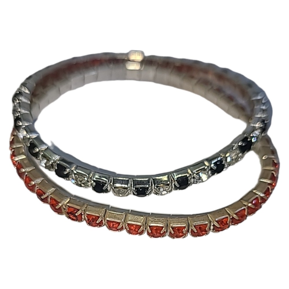 Lot of 2 Silver Tone 3.5mm Crystal Renstein Stretch Bracelets Red, Black & White